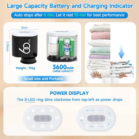 Cordless vacuum pump for storage bags; compact black pump with 60 kPa, 3600mAh battery and 8-LED power display.