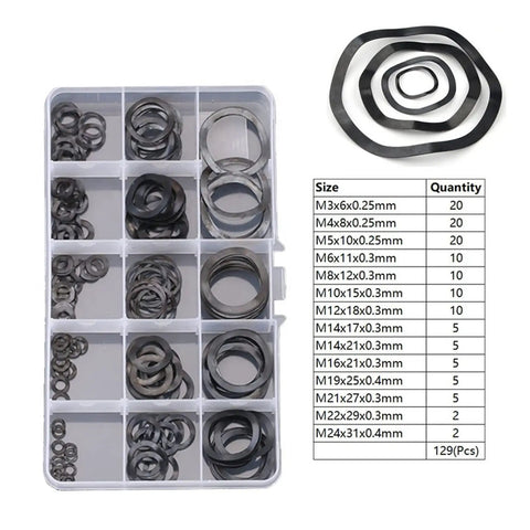 Wave Washers Set Black Spring Washers Elastic Metal Gasket Kit 129 Pieces Assortment M3 Through M24 Grab And Go For Electrical Automotive Marine And Home DIY Projects, assorted black 65Mn steel sizes