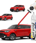 Inferno Red Touch Up Paint Kit For Kia Cars Soul Rondo Carens DIY Scratch Repair Made Easy With Quick Dry Automotive Paints For Chips And Scratches Precise Color Match Long Lasting Finish on display with red applicator next to Kia cars.