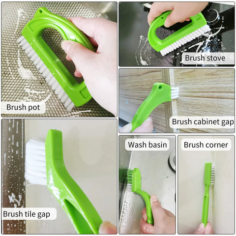 Six Piece Green Grout Cleaner Brush Set With Handle for deep cleaning various kitchen and bathroom surfaces.