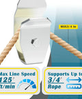 High capacity low drag pulley from the Top Shelf Heavy Duty Crab Pot Retrieval Kit with specs for line speed and rope size.