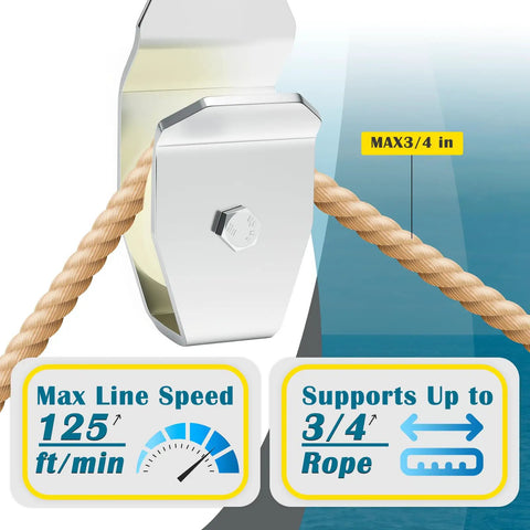 High capacity low drag pulley from the Top Shelf Heavy Duty Crab Pot Retrieval Kit with specs for line speed and rope size.