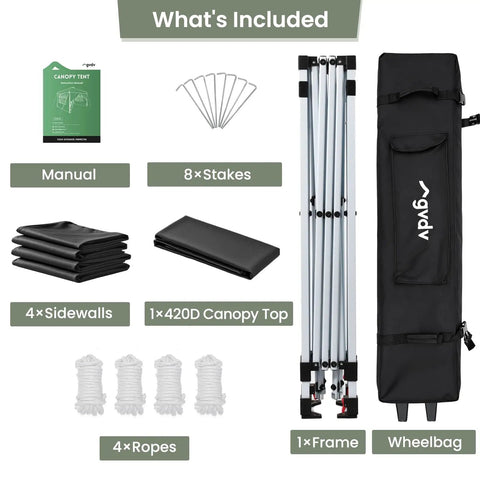 Components of 10x10 Pop Up Canopy Tent With Four Sidewalls One Push Setup Quick Shade For Events Parties Camping And Beach Days Black Gazebo With Wheelbag displayed including manual, stakes, and frame.