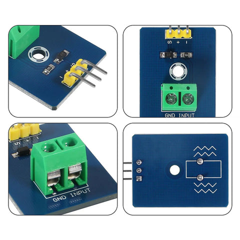 Close-up of 8 Pack Piezo Vibration Sensor Module Analog Ceramic Sensor for Arduino with GND input connectors and blue circuit board.