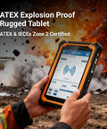 Person holding Industrial Grade Explosion Proof 7 Inch Android Tablet For Hazardous Areas Zone 2 ATEX Intrinsically Safe Petrochemical Worksite.