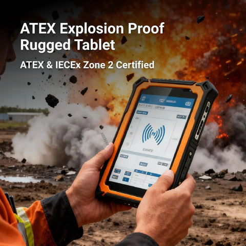 Person holding Industrial Grade Explosion Proof 7 Inch Android Tablet For Hazardous Areas Zone 2 ATEX Intrinsically Safe Petrochemical Worksite.