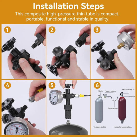 Hydraulic Gauge Set With Nitrogen Accumulator And 7 Adapters, Includes 3 Pressure Gauges, Gas Hose And Main Valve Body, Built With Steel Plastic And Copper For Heavy Duty Durability, Nitro Charging Kit For Industrial Hydraulics