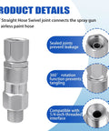 Airless Spray Gun Swivel Connector For Magnum Straight Hose Eliminates Hose Twists And Kinks Smooth Pressure Rolling Pro Grade Accessory For Precision Exterior And Detail Spraying Projects, 1/4-inch stainless steel swivel connector