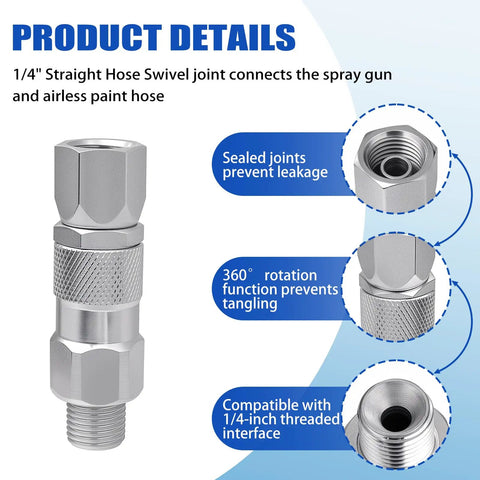 Airless Spray Gun Swivel Connector For Magnum Straight Hose Eliminates Hose Twists And Kinks Smooth Pressure Rolling Pro Grade Accessory For Precision Exterior And Detail Spraying Projects, 1/4-inch stainless steel swivel connector