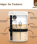 34 Oz Sourdough Starter Jar Kit With Metal Lid Silicone Spatula Feeding Tracker Extra Thermometer Strips And Breathable Covers For Sourdough Bread For Home Bakers showing features like thermometer strip, breathable cover, and tracking band.