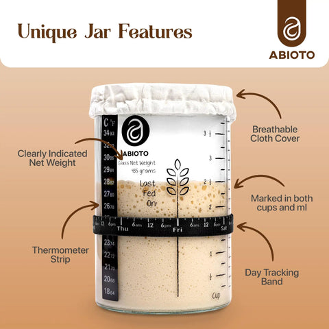 34 Oz Sourdough Starter Jar Kit With Metal Lid Silicone Spatula Feeding Tracker Extra Thermometer Strips And Breathable Covers For Sourdough Bread For Home Bakers showing features like thermometer strip, breathable cover, and tracking band.
