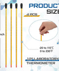 Four 12 Inch General Purpose Lab Thermometers Pack For Science Labs, Liquid In Glass, Total Immersion, Dual Scale Minus 20 C To 110 C And 0 To 230 F, Perfect For University Labs Food And Beverage Processing. 4 pcs 12-inch glass thermometers