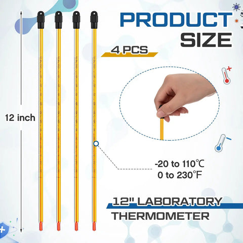Four 12 Inch General Purpose Lab Thermometers Pack For Science Labs, Liquid In Glass, Total Immersion, Dual Scale Minus 20 C To 110 C And 0 To 230 F, Perfect For University Labs Food And Beverage Processing. 4 pcs 12-inch glass thermometers