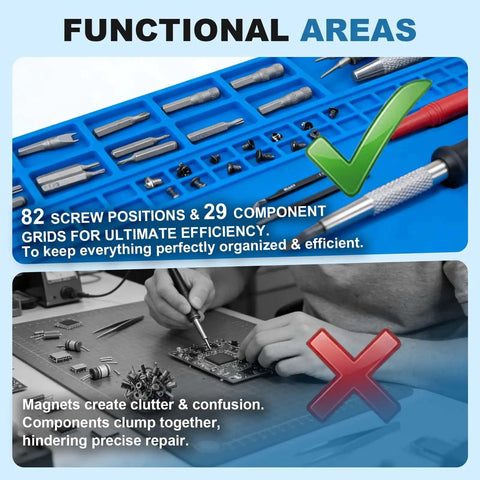 Close-up of Extra Large Heat Resistant Soldering Mat for Electronics Repair showing grid cells and anti-static strap use.