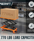 Heavy-Duty Hydraulic Lift Table Cart With Reliable Pump And Easy Operation Max Capacity 770 Lbs Elevates Up To Five Feet Nine Inches with a box and tools in background.