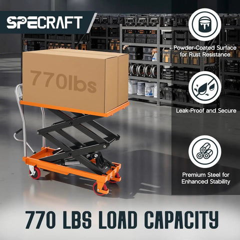 Heavy-Duty Hydraulic Lift Table Cart With Reliable Pump And Easy Operation Max Capacity 770 Lbs Elevates Up To Five Feet Nine Inches with a box and tools in background.
