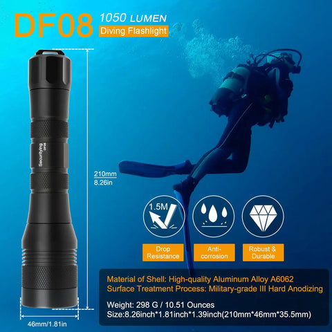 Waterproof Scuba Diving Flashlight With 1050 Lumens, Focused 9 Degree Beam, Deep Water 150m Rating, IPX8 Underwater Light