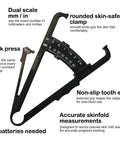 Body Fat Caliper With Skinfold Measurement For Home Fitness, black plastic dual-scale caliper with mm/in markings