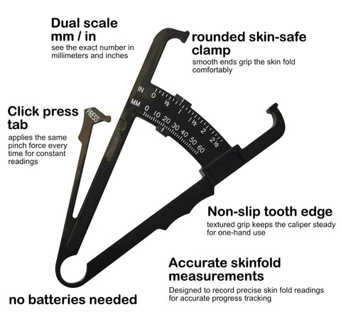 Body Fat Caliper With Skinfold Measurement For Home Fitness, black plastic dual-scale caliper with mm/in markings