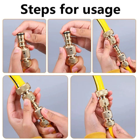 Steps showing installation of Brass Double Male Hose Connector Set For Garden And Outdoor Use, Quick Fix Hose Repair And Extension.