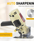 Super Heavy Duty 250W Electric Fabric Cutter With Pure Copper Motor For Leather Cloth And Textiles, showcasing auto sharpening feature.