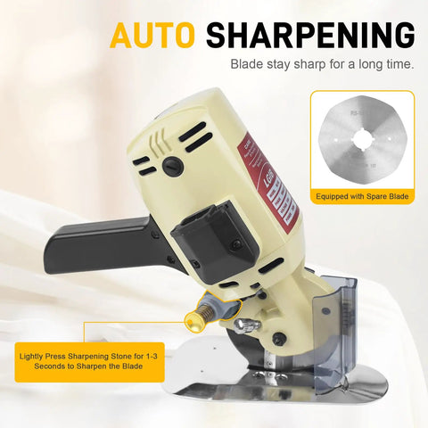 Super Heavy Duty 250W Electric Fabric Cutter With Pure Copper Motor For Leather Cloth And Textiles, showcasing auto sharpening feature.