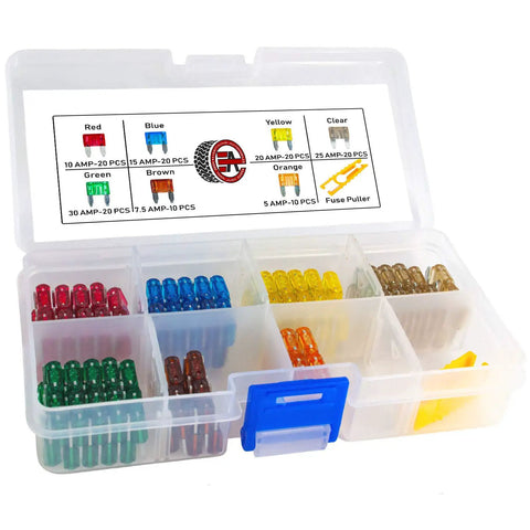 Real Deal 12 Volt Inline Automotive Fuse Holder Kit Featuring 14 Gauge Wiring Harness And 120 Assorted Atm Apm Car Mini Fuses With Heavy Duty Puller Tool, assorted fuses in storage case.