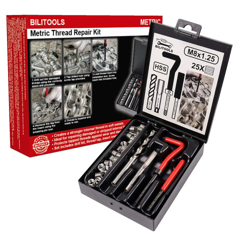 Thread Repair Kit M8x1.25 HSS Drill Helicoil Style Metric For Damaged Threads with 304 Stainless Inserts and tools in a case