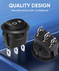 Three Way Round Rocker Switch 12 Volt With On Off On Positions SPDT Circle Toggle For Car Stereo Marine Boat Plug And Play Wiring Kit Wires Included Five Pack Heavy Duty 6A 250V AC And 10A 125V DC, black round switch