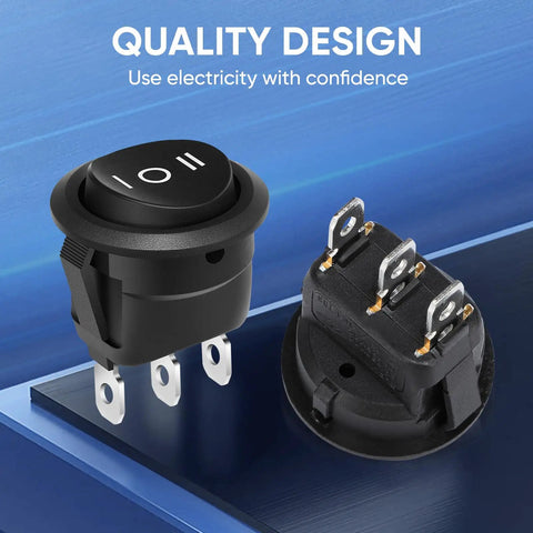 Three Way Round Rocker Switch 12 Volt With On Off On Positions SPDT Circle Toggle For Car Stereo Marine Boat Plug And Play Wiring Kit Wires Included Five Pack Heavy Duty 6A 250V AC And 10A 125V DC, black round switch