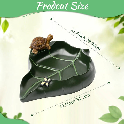 Totally Slick Leaf Shaped Splash Block With Turtle Sculpture, 12.5 inch green resin garden decor for downspout diversion.