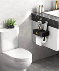 Bathroom toilet with Toilet Paper Holder With Shelf And Wipes Dispenser In Black Stainless Steel Adhesive Wall Mount With Hidden Storage Drawer