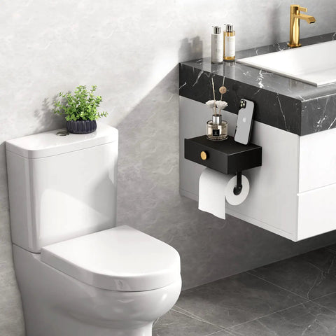 Bathroom toilet with Toilet Paper Holder With Shelf And Wipes Dispenser In Black Stainless Steel Adhesive Wall Mount With Hidden Storage Drawer