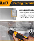 Front view of Leiluo 6-piece diamond-coated oscillating tool blades kit for grout removal; orange handheld tool cutting tile grout.