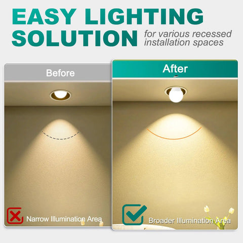 Comparison of light spread with and without the E26 Socket Extender 1.2 Inch 3 Cm Lamp Socket Extension For Recessed Fixtures Easy Install To Boost 360 Degree Light Spread