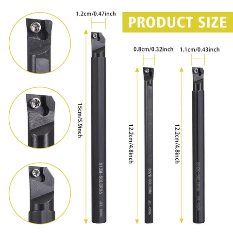 Pro Grade Indexable Lathe Turning Tool Kit Includes 3 Lathe Boring Bars S07K S10K S12M SCLCR06 And 10 Carbide Inserts, dimensions shown