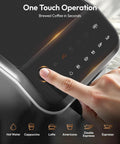 Top Shelf Fully Automatic Espresso Machine With Built In Grinder, 20 Bar Pressure, Smart Touch Display, Quick One Touch Brewing For Smooth Sips, Integrated Milk Frother, 15 Grind Settings, No Brainer Home Setup, Silver user activating one touch operation panel on espresso machine.