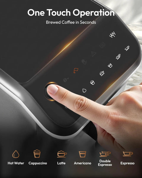 Top Shelf Fully Automatic Espresso Machine With Built In Grinder, 20 Bar Pressure, Smart Touch Display, Quick One Touch Brewing For Smooth Sips, Integrated Milk Frother, 15 Grind Settings, No Brainer Home Setup, Silver user activating one touch operation panel on espresso machine.
