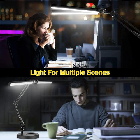 Two In One LED Desk Lamp with Dual Heads and Clamp or Base Mount, 24W Eye Care Workbench Light illuminating a study area