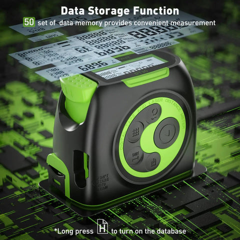 2 In 1 Laser Tape Measure With 197Ft Laser Range And 16Ft Tape Backlit LCD Movable Hook Pythagorean Area Volume Unit Switch Digital Distance Meter for quick on-site measurements, showing data storage function and buttons on black and green device.