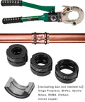 Copper Pipe Fitting Crimping Tool Built Tough Workhorse With 1/2 Inch 3/4 Inch And 1 Inch Jaw Rotatable Head Aluminum Alloy Body Portable Compatible With Viega ProPress Elkhart Conex Fittings tool with copper fittings and jaw attachments.