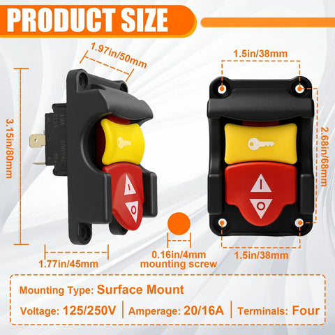 No Sweat Table Saw Paddle Switch Replacement With True Dual Voltage 125V And 250V Support four terminal layout and dimensions shown.