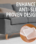 Clear 2 Inch Furniture Coasters For Hardwood Floors beneath couch leg, square non-slip rubber pads visible.