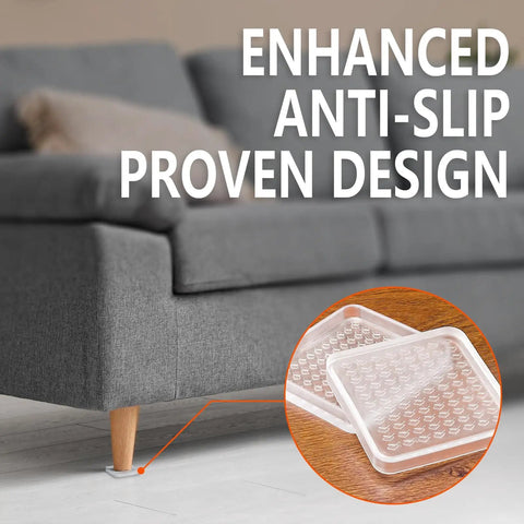 Clear 2 Inch Furniture Coasters For Hardwood Floors beneath couch leg, square non-slip rubber pads visible.