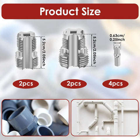 Premium Carbon Steel PVC Pipe Threader Kit For 1/2, 3/4 And One Inch Plastic Pipe Taps size comparison with threaded pieces.