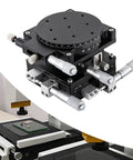 4 Axis Manual Linear Stage 90x90mm Micro Positioning Sliding Table For CNC Engraving And Laboratory Alignment Aluminum Alloy Cross Roller Bearing Platform Delivers Precise X Y Z And R Axis Motion, showing detailed knobs and scale.