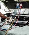 PATIKIL pneumatic tubing set for air lines blue, red and yellow hoses with a gauge manifold under a car hood