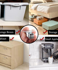 Various uses of 0.5 Inch Mini Swivel Caster Wheels With Self Adhesive Plate Low Profile Rubber Casters, including storage boxes and appliances.