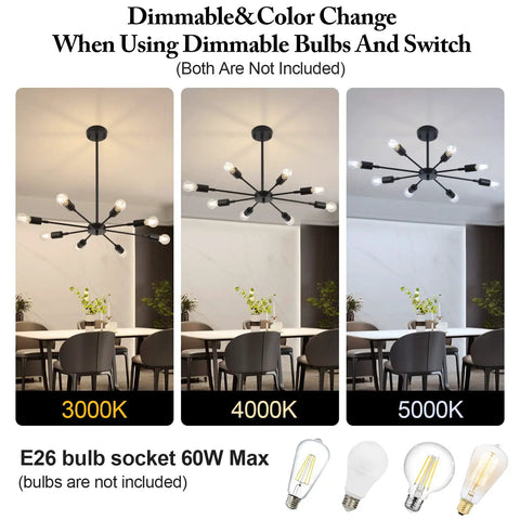 Dope Modern Sputnik 8-Light Industrial Matte Black Chandelier with E26 bulbs, dimmable options at 3000K, 4000K, 5000K over dining table.