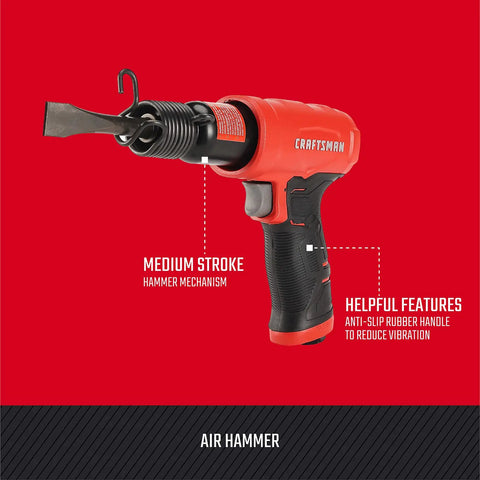 Heavy-Duty Air Hammer Workhorse With Medium Stroke For Demolition And Auto Repair, 2,800 BPM, Anti-Slip Handle, 4.4 SCFM At 90 PSI, Includes Flat-Blade Chisel For Tile, Concrete And More, shown with labeled features on a red background.